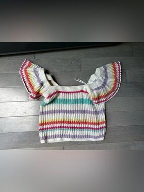 Women’s Uncharted Threads Striped Rainbow Crochet Flutter Sleeve Knit Boho Top M